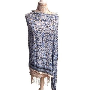 J JILL Blue and White Floral Side Fringed Shawl/Poncho